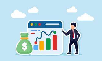 Businessman Stand Beside Money Bag and Application Interface Display Graph Represent Monitor Evaluation and Analysis of Business Investment Financial Performance vector