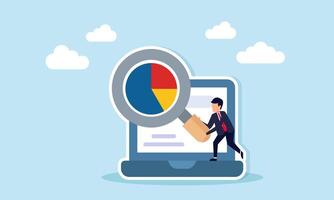 Businessman holding magnifying glass to examine pie chart on laptop illustration of monitoring evaluation and analysis of business company performance digitally vector