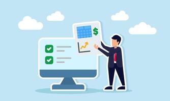 Businessman holding dollar and graph-marked document beside monitor displaying checklist illustration of completing business financial report preparation vector