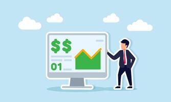 Businessman Standing Beside Monitor Displaying Dollar Sign and Graph Representing Financial Performance Analysis vector