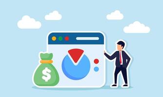 Businessman standing beside money bag and application interface displaying pie chart illustration of monitoring evaluating and analyzing business financial performance vector