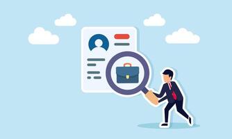 Businessman holding magnifying glass with briefcase icon to examine document with profile data illustration of research in finding employee candidates for business company vector