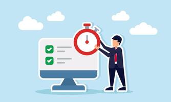 Businessman holding stopwatch beside monitor displaying checklist illustration of business project timeline and deadline management vector