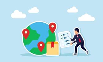 Businessman Holding Checklist Beside Globe with Location Pin and Package Box Illustration of Package Delivery Route Mapping in Logistics vector
