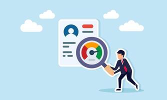 Businessman holding magnifying glass with level indicator to examine document with profile data illustration of monitoring and research of employee candidate skill level vector