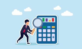 Businessman analyzing calculator displaying graph with magnifying glass illustration of business risk analysis and calculation vector