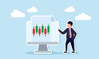 Businessman Standing Beside Monitor Displaying Stock Chart Representing Business Stock Performance Monitoring vector