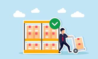 Businessman Pushing Package Trolley Next to Shelf of Boxes Illustration of Package Distribution in Logistics vector