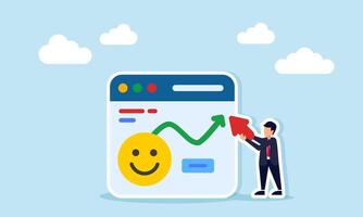 Businessman Pointing Cursor at Line Chart on App Interface with Happy Emoticon Illustration of Public Attention and Positive Response Growth vector