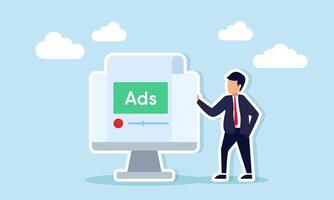 Businessman Standing Beside Monitor Displaying ADS Interface Representing Monitoring Business Advertising Performance vector