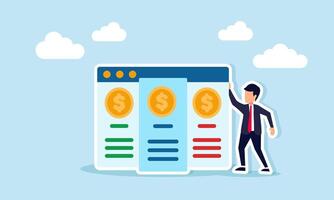 Businessman standing next to application interface showing several dollar coins illustration of financial investment company app interface vector