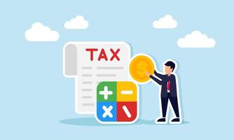 Businessman holding dollar coin next to tax documents and arranged blocks with math operator labels illustration of business financial calculation for tax payment vector