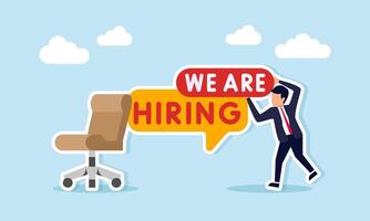 Businessman arranging board and chat dialog with text we are hiring next to office chair illustration of finding candidates for job positions in company vector