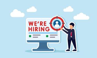 Businessman Holding Target Icon with Candidate Profile on Monitor Displaying We Are Hiring Message vector
