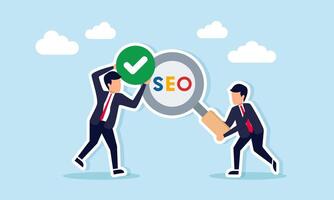 Businessman Holding Magnifying Glass with SEO Text and Another Holding Checkmark Illustration of Keyword and Title Optimization Research for Website Visibility vector