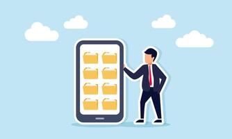 Businessman standing beside smartphone displaying multiple document folders digital business archive illustration vector