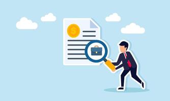 Businessman analyzing profitable project opportunities with magnifying glass near dollar coin document and briefcase illustration vector