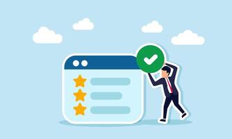 Businessman Holding Checkmark Beside Application Interface Displaying Star Ratings to Monitor Business Quality Standards vector