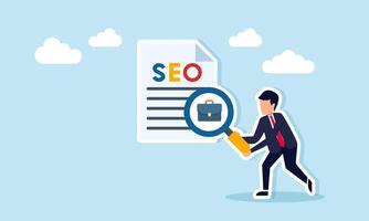 Businessman analyzing SEO document with magnifying glass near briefcase illustration of optimizing business website to improve performance vector