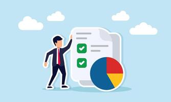 Businessman standing beside pie chart and paper documents with checkmarks illustration of business performance administration and record keeping vector