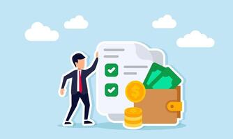 Businessman standing beside wallet full of cash and paper documents with checkmarks illustration of business investment financial documentation and record keeping vector