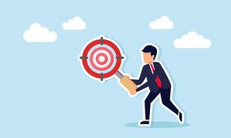 Businessman holding target-shaped magnifying glass examining target board illustration of comprehensive business target analysis vector