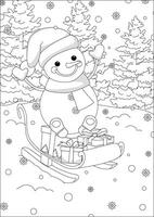 Christmas Coloring Snowman Riding On Board With Gift vector