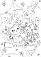 Spider Web Witch Cat Halloween Coloring Page vector