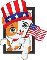 Cat With American Flag And Hat Looking From Window vector
