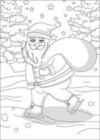 Santa Ice Skating Cartoon Christmas Coloring Page vector