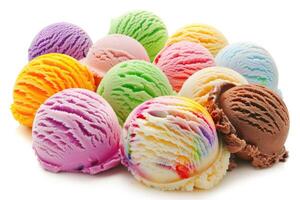 A delightful array of colorful ice cream scoops resting on a white background photo