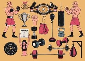 Set of Boxing Object in Vintage Hand Drawing Style vector
