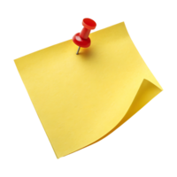 A blank yellow sticky post note with a red pushpin sticks to a board as a reminder memo png