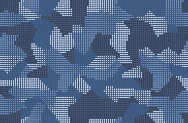 Halftone digital navy camouflage. Dot pattern in dark blue tones, camo grid background. Seamless texture
