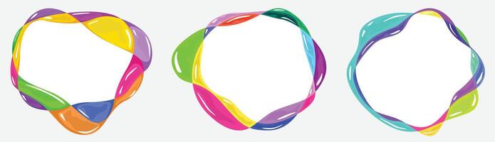 Abstract multicolored twisted inflated bubbles form a circular frame border. Amorphous ring banner design. Futuristic colorful liquid element. Rainbow background vector