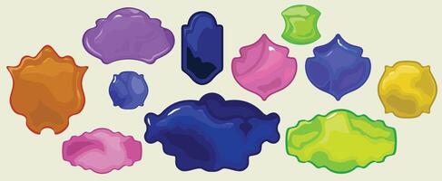 Collection of different colorful labels shapes. Glass gemstone frame border figures isolated on white background. Vintage badge. Abstract glossy speech bubbles vector