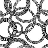 Ethnic seamless pattern for printing on fabric. Mystical round texture print. Made of intersecting circles decorated with runes and magical symbols. Black and white tribe wallpaper vector