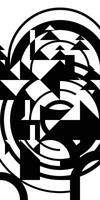 Geometric bauhaus pattern with mountains and fir trees. Mosaic background. Tourism and outdoor recreation. Abstract vertical composition banner with black and white overlay circles. Mural art vector