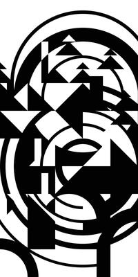 Geometric bauhaus pattern with mountains and fir trees. Mosaic background. Tourism and outdoor recreation. Abstract vertical composition banner with black and white overlay circles. Mural art
