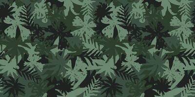 Hand drawn camo with different leaf, seamless pattern. Grunge branches and herbs green camouflage background. Distressed texture, fabric design. Wallpaper vector