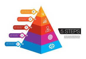 infographic pyramid diagram with five steps, showcasing a structured process with different colored levels and icons, visually presenting a strategy or hierarchy. vector