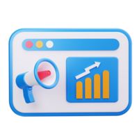 3d rendering of a blue and white website icon with a megaphone and an upward trending graph png