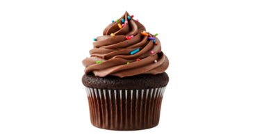 Delicious-looking chocolate cupcake with colorful sprinkles, shown against a transparent background. png