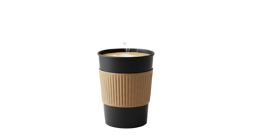 Steaming latte in a black cup with cardboard sleeve, set against a transparent background graphic. png