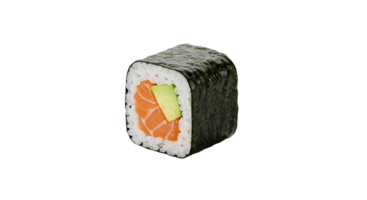 Maki roll featuring fresh salmon and avocado wrapped in nori seaweed and sushi rice on transparent png