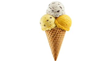 A delightful ice cream cone with three scoops in vanilla, mango, and chocolate chip flavors. png