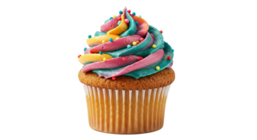 A colorful cupcake with rainbow icing and sprinkles is visually appealing and ready to eat. png