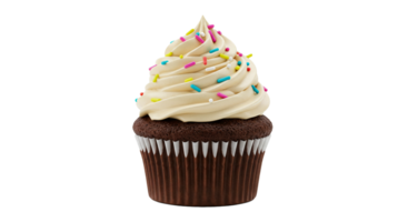 Delicious looking single chocolate cupcake with swirls of frosting and candy sprinkles shown. png