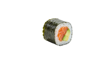Isolated image displays salmon and avocado sushi roll on transparent background, ready to be used. png
