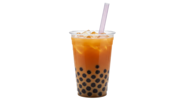 Refreshing iced bubble tea with tapioca pearls and ice cubes on a transparent background effect png